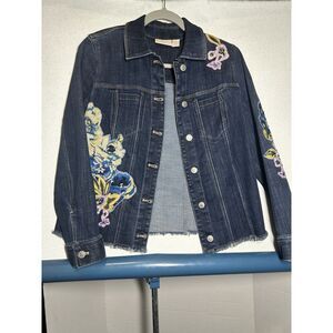Chico's Denim Jean Jacket Raw Hem Button Up Floral Appliqué 0 Small Coat Hippie